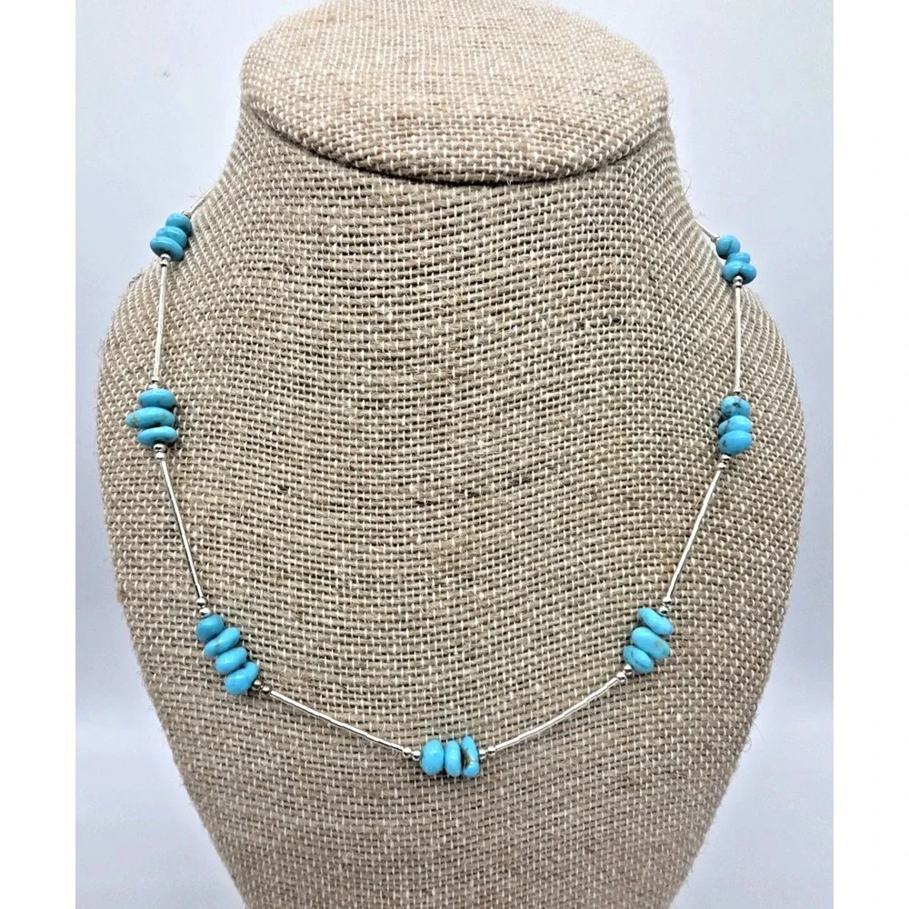 Genuine Turquoise Chips Liquid Silver 925 Necklace 18